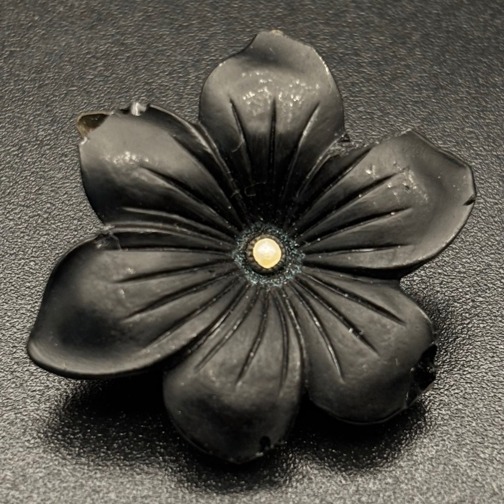 Antique Victorian Brooch Black Satin Glass Flower Seed Pearl C-Clasp 1.07" READ